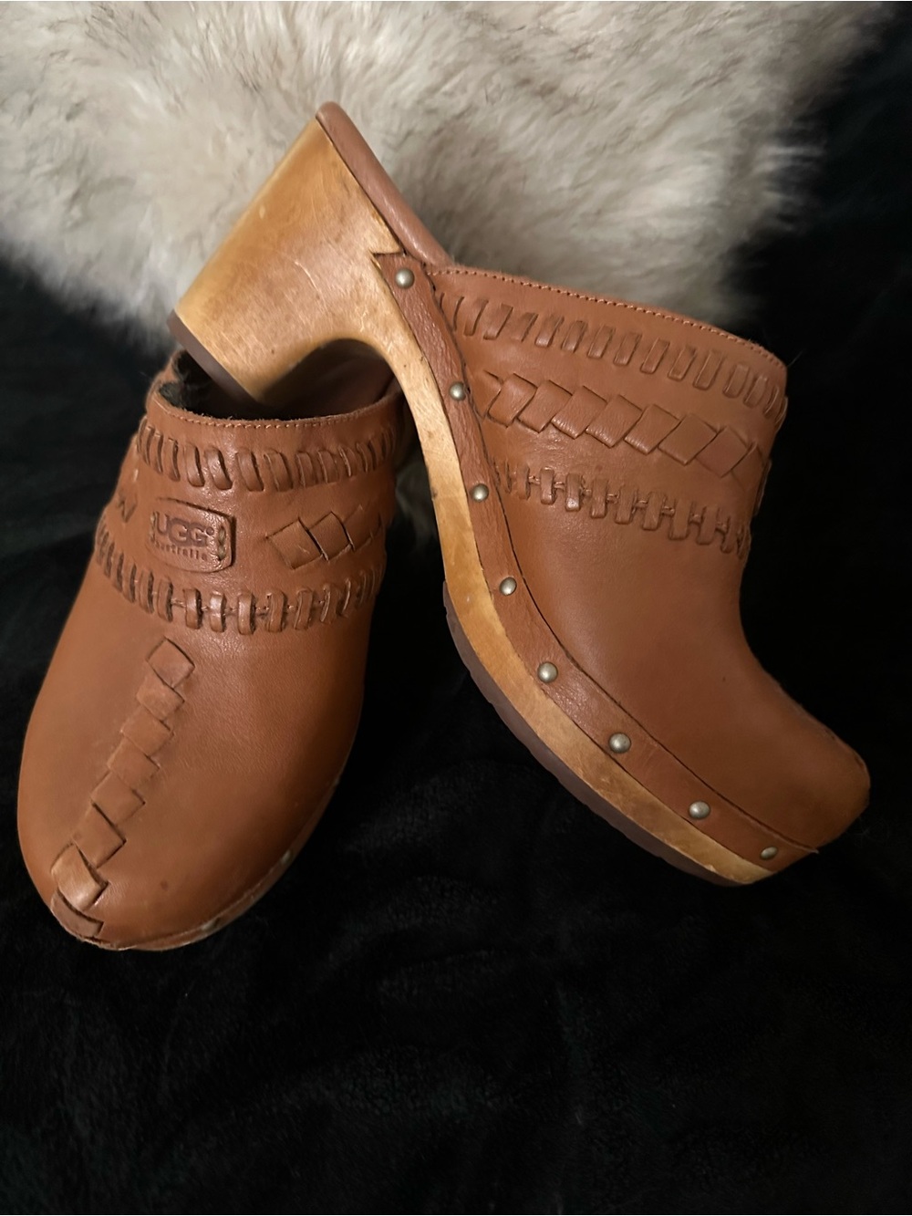 UGG Chestnut Leather Woven Clog Mules